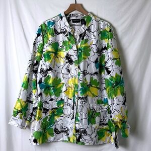 Maggie Barnes Womens Button Up Satin Blouse White Green Floral Size 2X Tropical